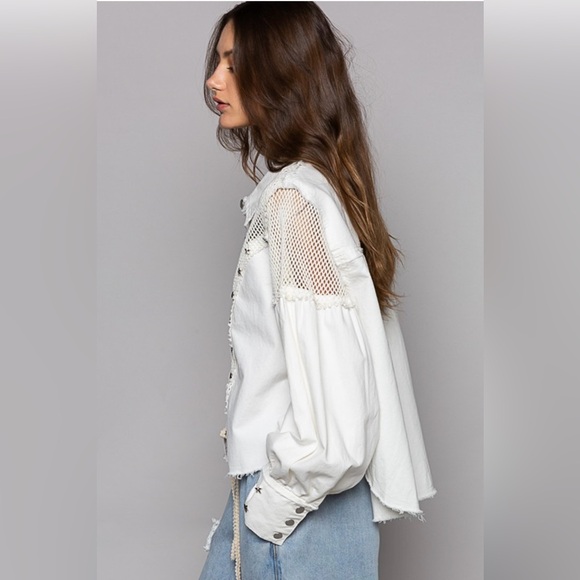 POL Oversized Star Studded Crochet Buttondown | Coconut - Picture 2 of 3